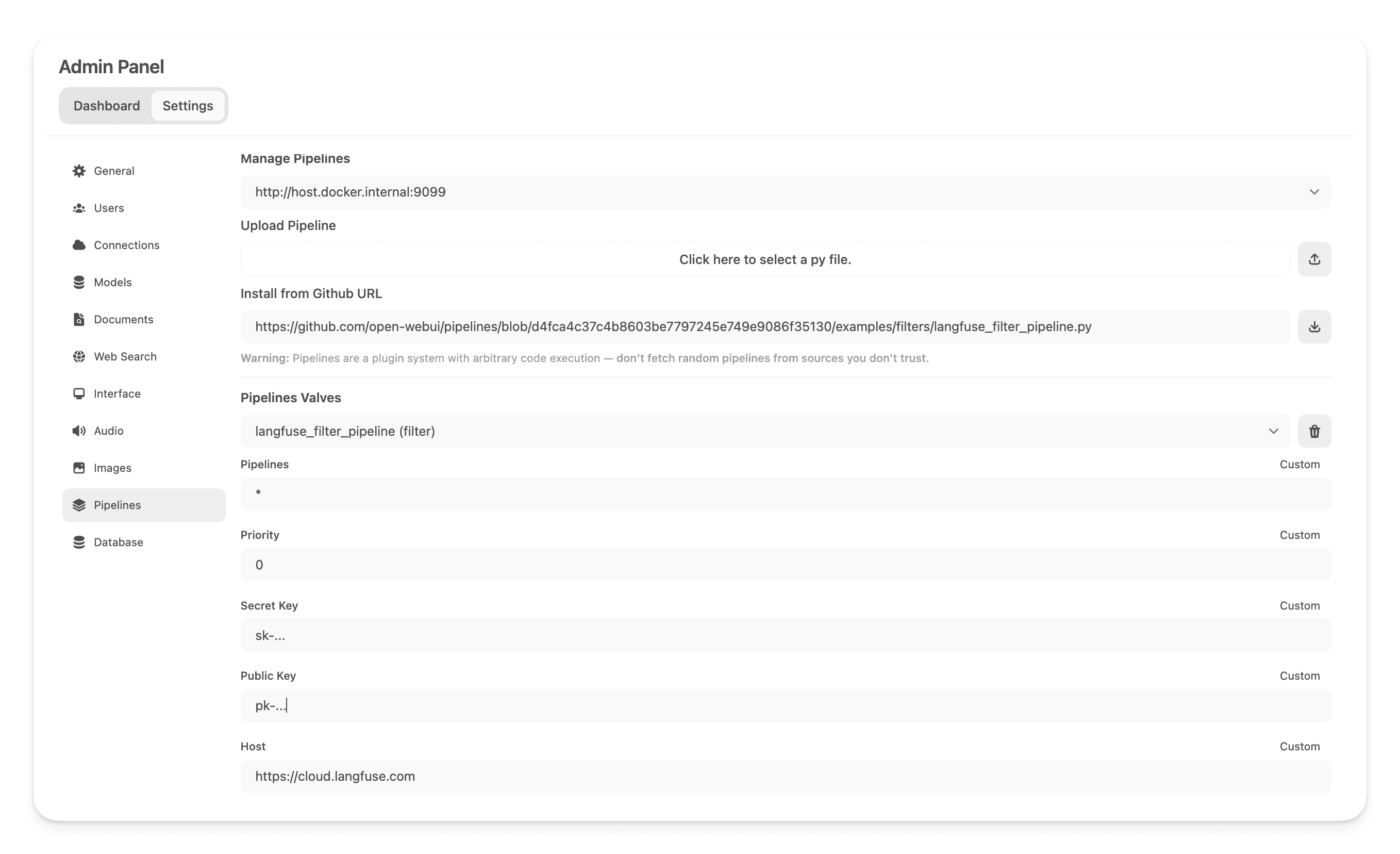 OpenWebUI add Langfuse Pipeline